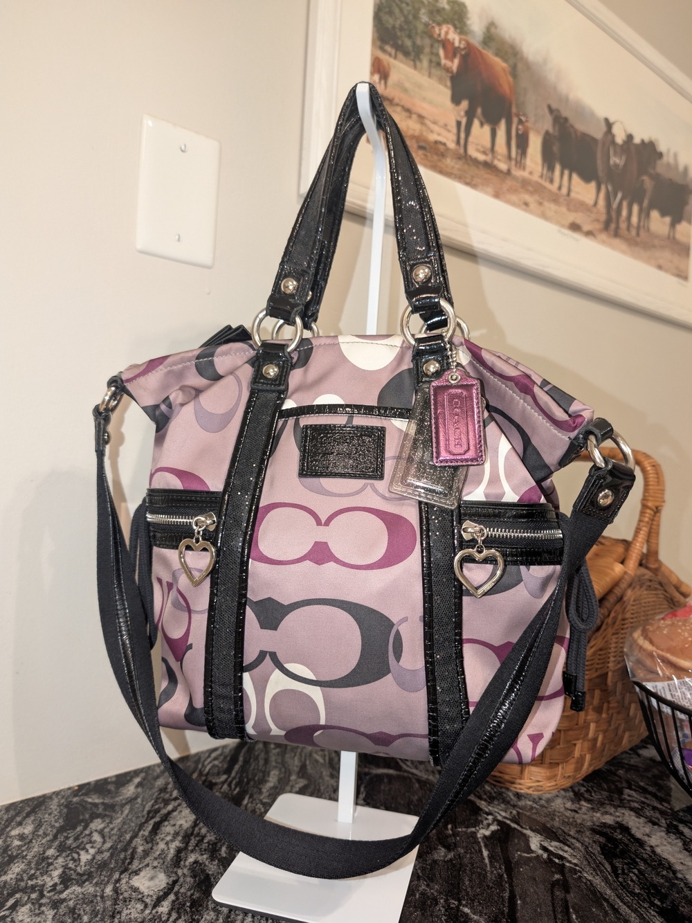 Coach Poppy Signature Spotlight Tote Crossbody Purple Gray Black Sateen F22962
